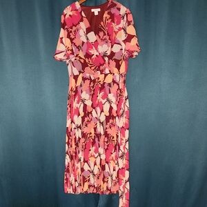 Liz Claiborne Pink Floral Midi Wrap Dress with Tie